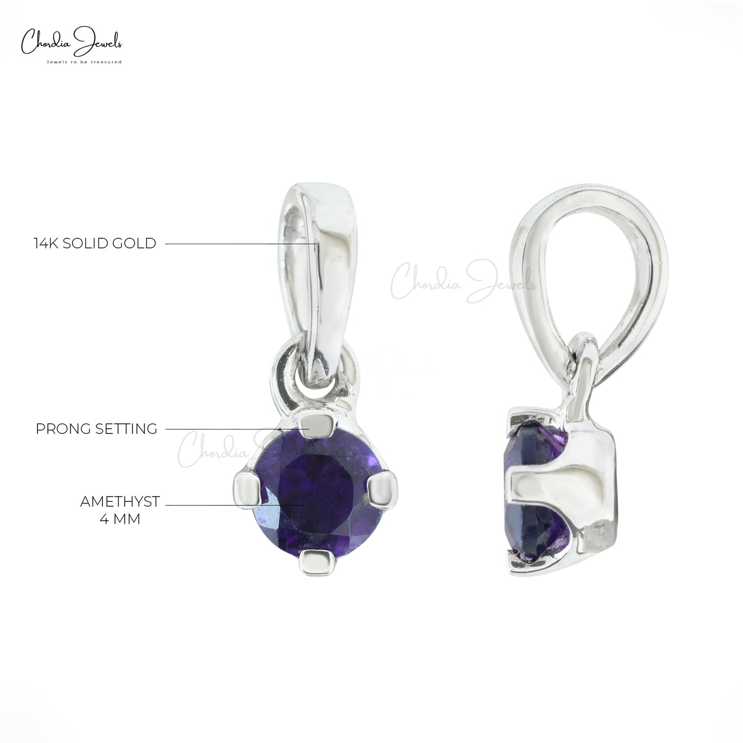 Real 14k White Gold Dangle Charm With 4mm Round Amethyst Solitaire Women Pendant