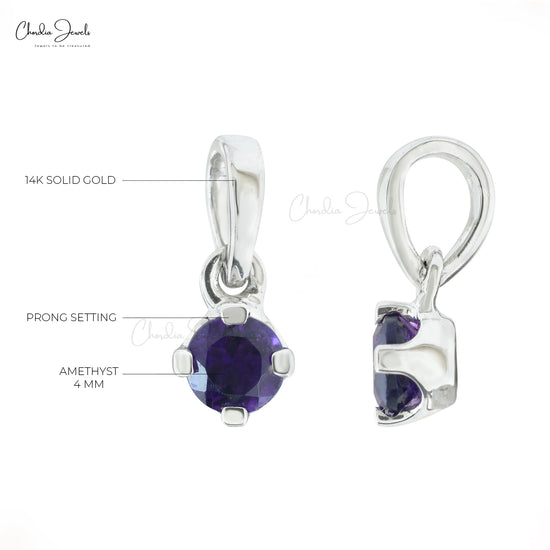 Real 14k White Gold Dangle Charm With 4mm Round Amethyst Solitaire Women Pendant