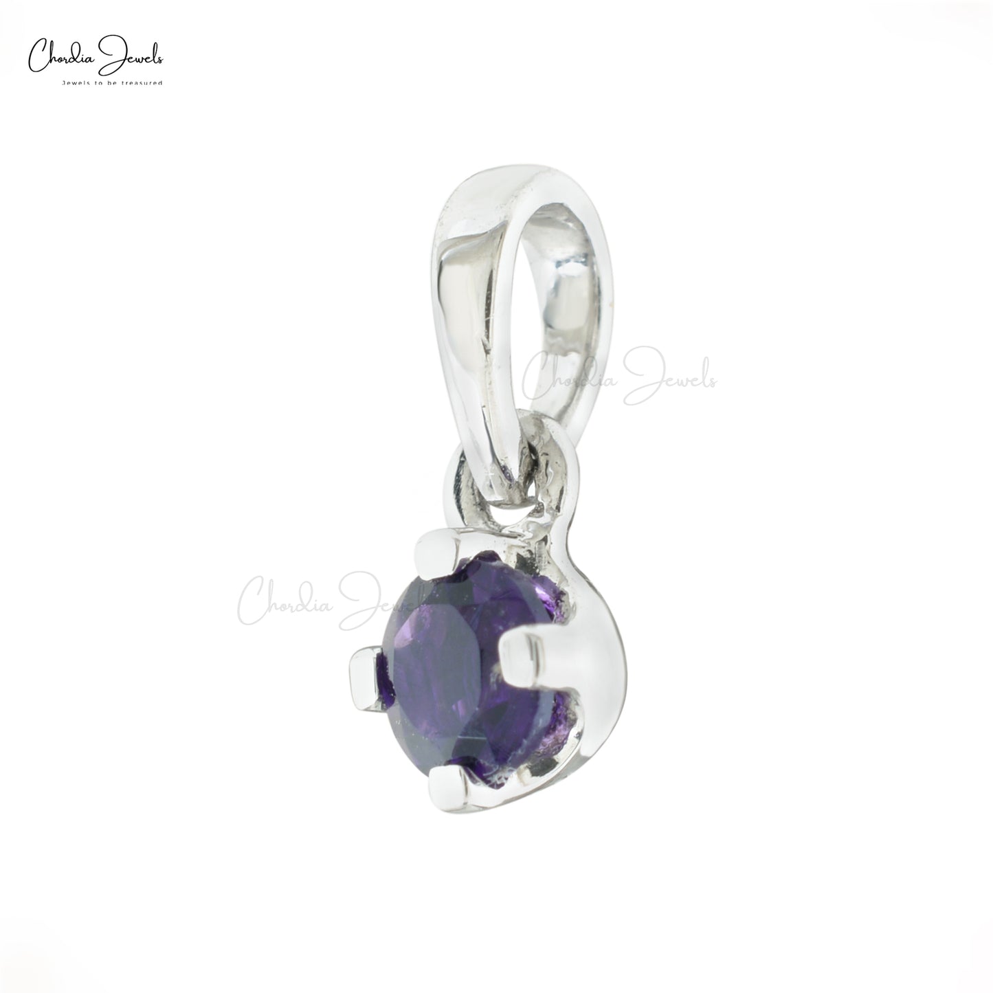 Real 14k White Gold Dangle Charm With 4mm Round Amethyst Solitaire Women Pendant