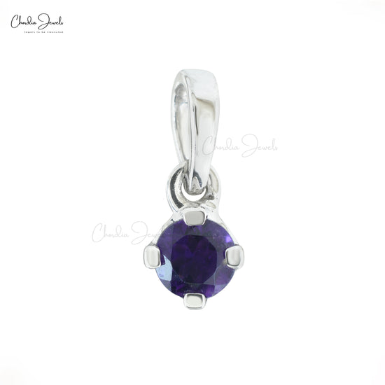 Real 14k White Gold Dangle Charm With 4mm Round Amethyst Solitaire Women Pendant