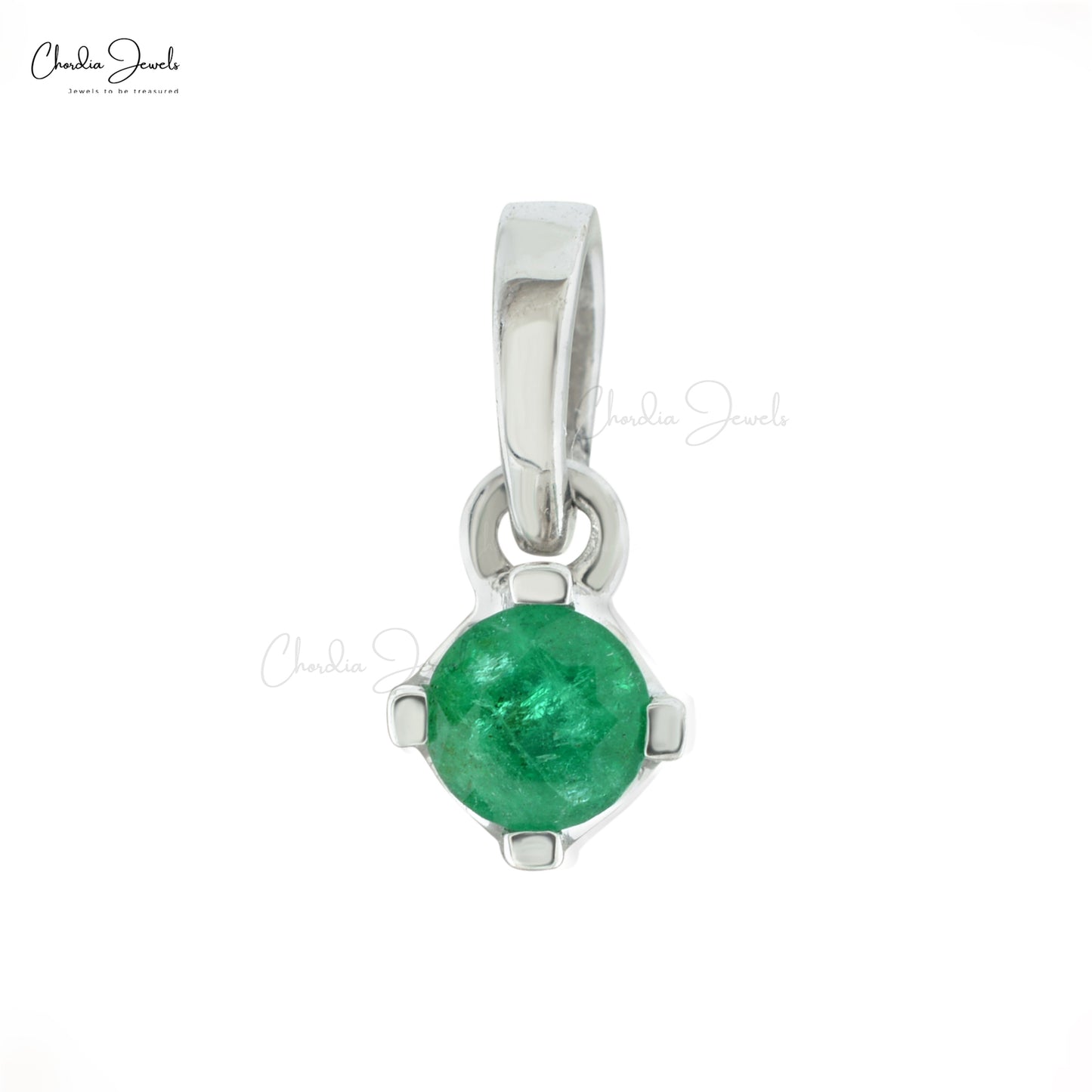 Natural Green Emerald 4mm Brilliant Round Cut Gemstone Pendant 14k Solid White Gold Prong Set Pendant For Her