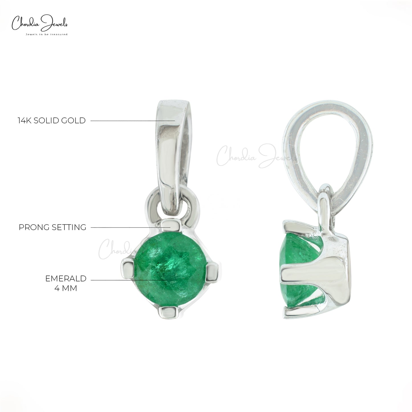 Natural Green Emerald 4mm Brilliant Round Cut Gemstone Pendant 14k Solid White Gold Prong Set Pendant For Her
