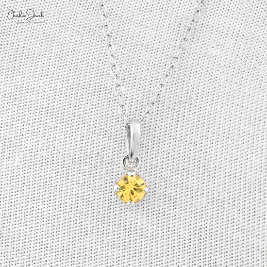 Round Cut Solitaire Charm In 14k White Gold Yellow Sapphire 4mm Gemstone Dangle Pendant