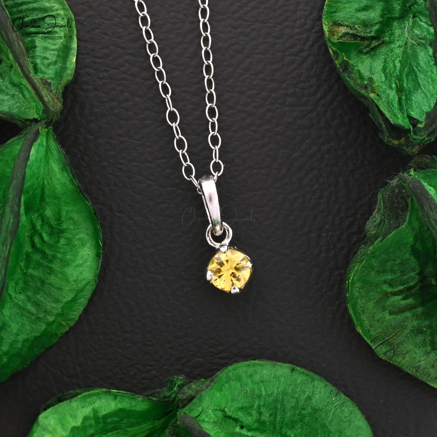 Round Cut Solitaire Charm In 14k White Gold Yellow Sapphire 4mm Gemstone Dangle Pendant