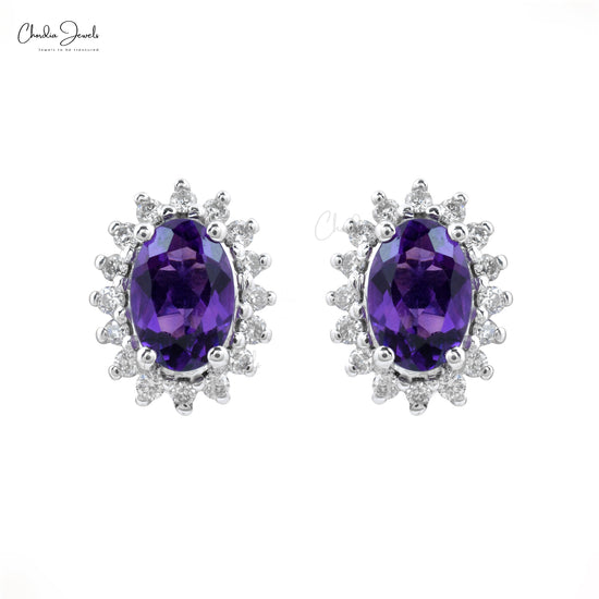 Real 14k White Gold Diamond Halo Earrings For Women, 0.88 Ct 4-Prong Set Natural Amethyst Earrings, 6x4mm Oval Cut February Birthstone Fine Jewelry