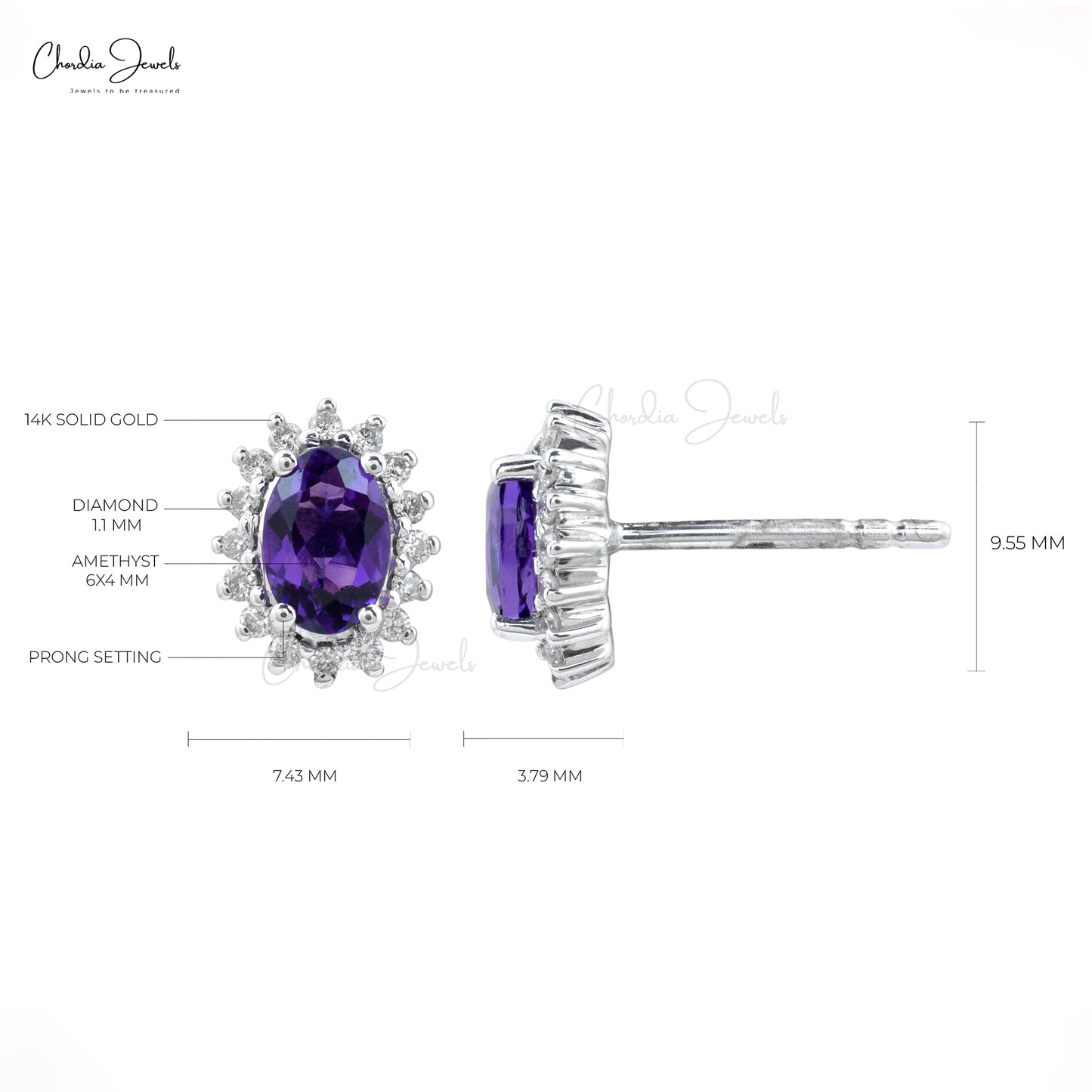Real 14k White Gold Diamond Halo Earrings For Women, 0.88 Ct 4-Prong Set Natural Amethyst Earrings, 6x4mm Oval Cut February Birthstone Fine Jewelry