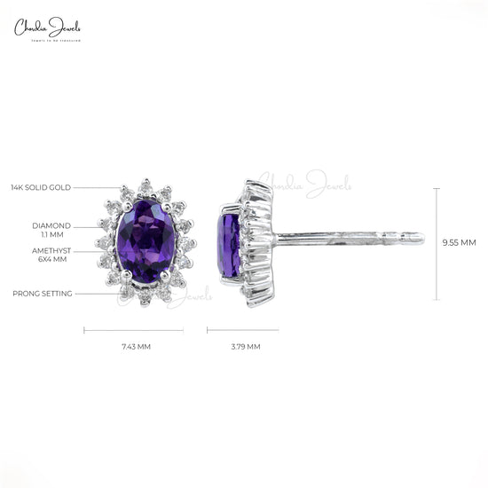 Real 14k White Gold Diamond Halo Earrings For Women, 0.88 Ct 4-Prong Set Natural Amethyst Earrings, 6x4mm Oval Cut February Birthstone Fine Jewelry