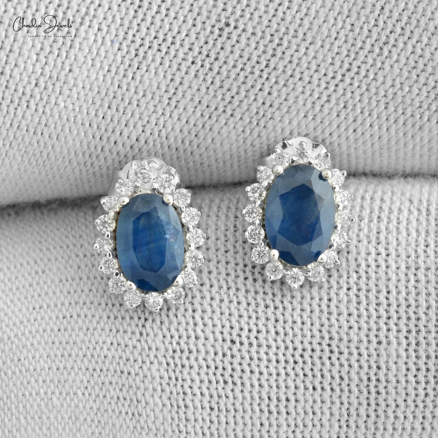 1.16 Carat Oval Cut Natural  Blue Sapphire Earrings For Anniversary, 14k Solid White Gold Diamond and Gemstone Halo Earrings For Birthday Gift