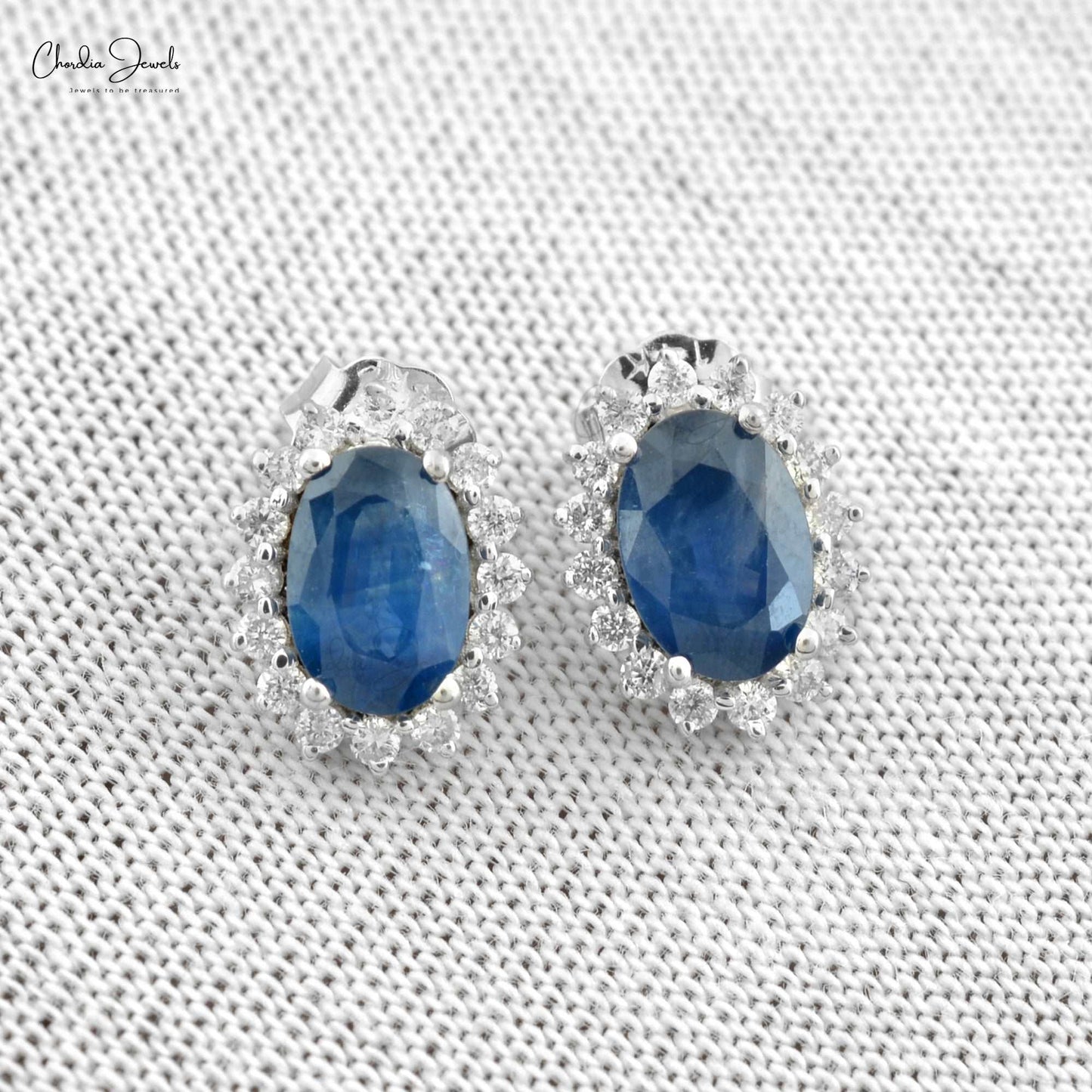 Load image into Gallery viewer, 1.16 Carat Oval Cut Natural  Blue Sapphire Earrings For Anniversary, 14k Solid White Gold Diamond and Gemstone Halo Earrings For Birthday Gift
