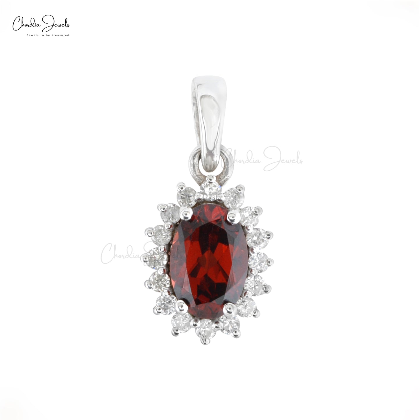 Natural Garnet & Diamond Halo Pendant 14K Solid White Gold Delicate Pendant For Women