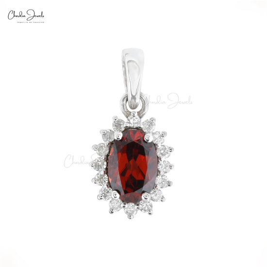 Natural Garnet & Diamond Halo Pendant 14K Solid White Gold Delicate Pendant For Women