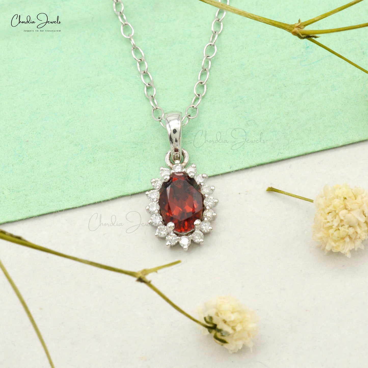 Natural Garnet & Diamond Halo Pendant 14K Solid White Gold Delicate Pendant For Women