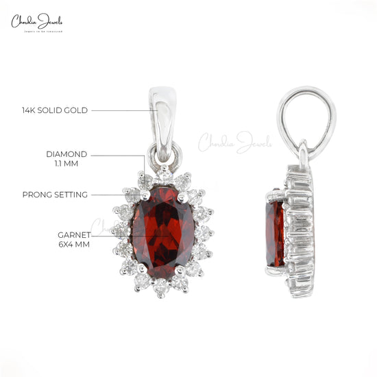 Natural Garnet & Diamond Halo Pendant 14K Solid White Gold Delicate Pendant For Women