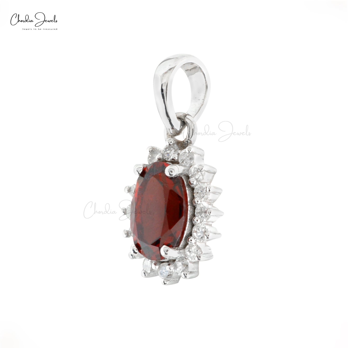 Natural Garnet & Diamond Halo Pendant 14K Solid White Gold Delicate Pendant For Women