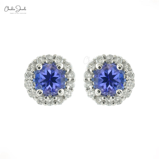 Genuine Tanzanite and Diamond Halo Studs 14k White Gold Women Earrings For Birthday Gift