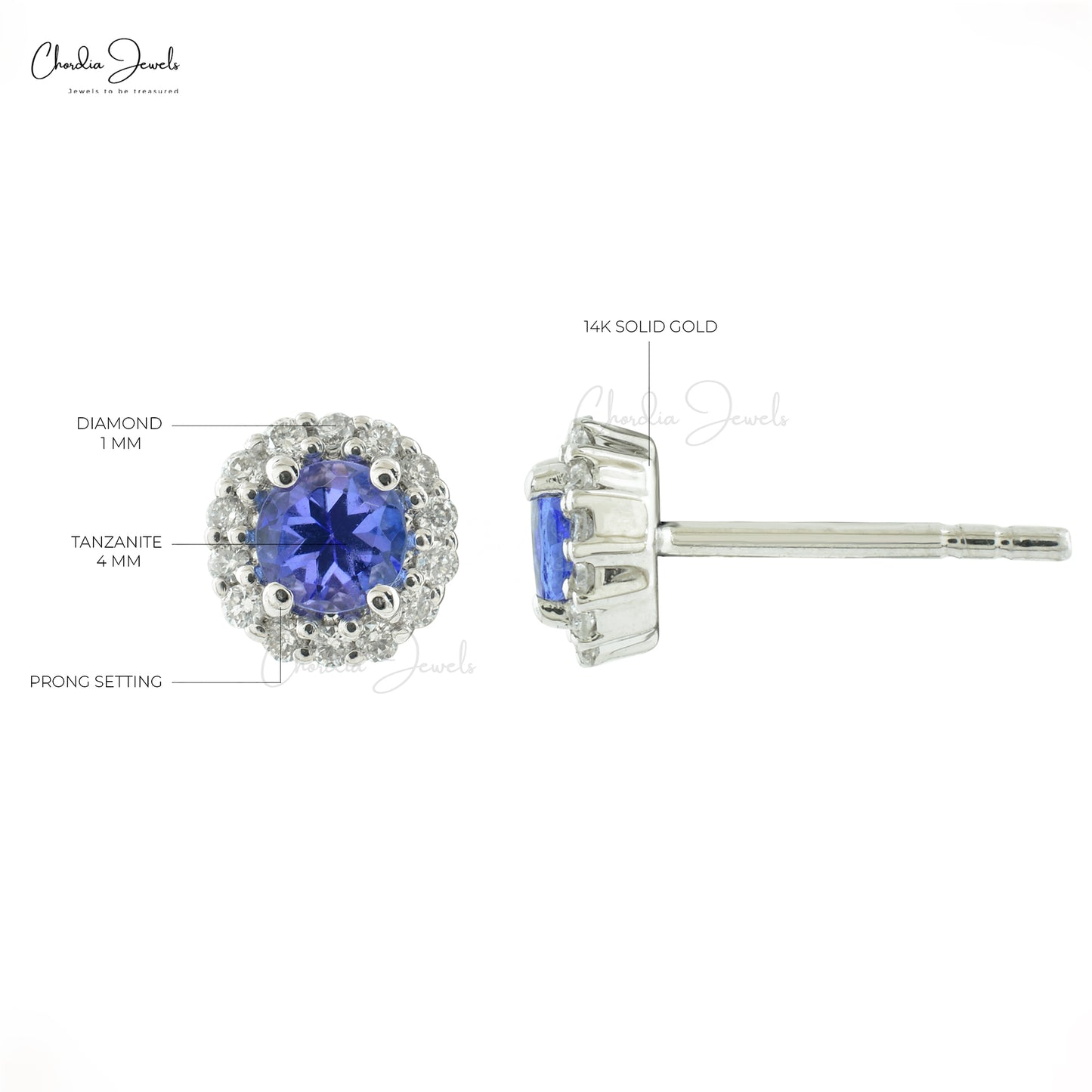 Genuine Tanzanite and Diamond Halo Studs 14k White Gold Women Earrings For Birthday Gift