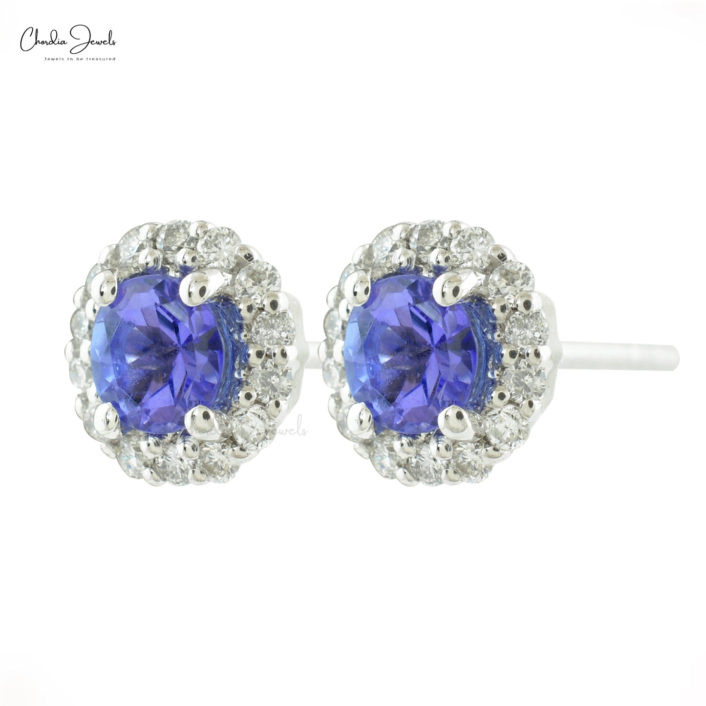 Genuine Tanzanite and Diamond Halo Studs 14k White Gold Women Earrings For Birthday Gift