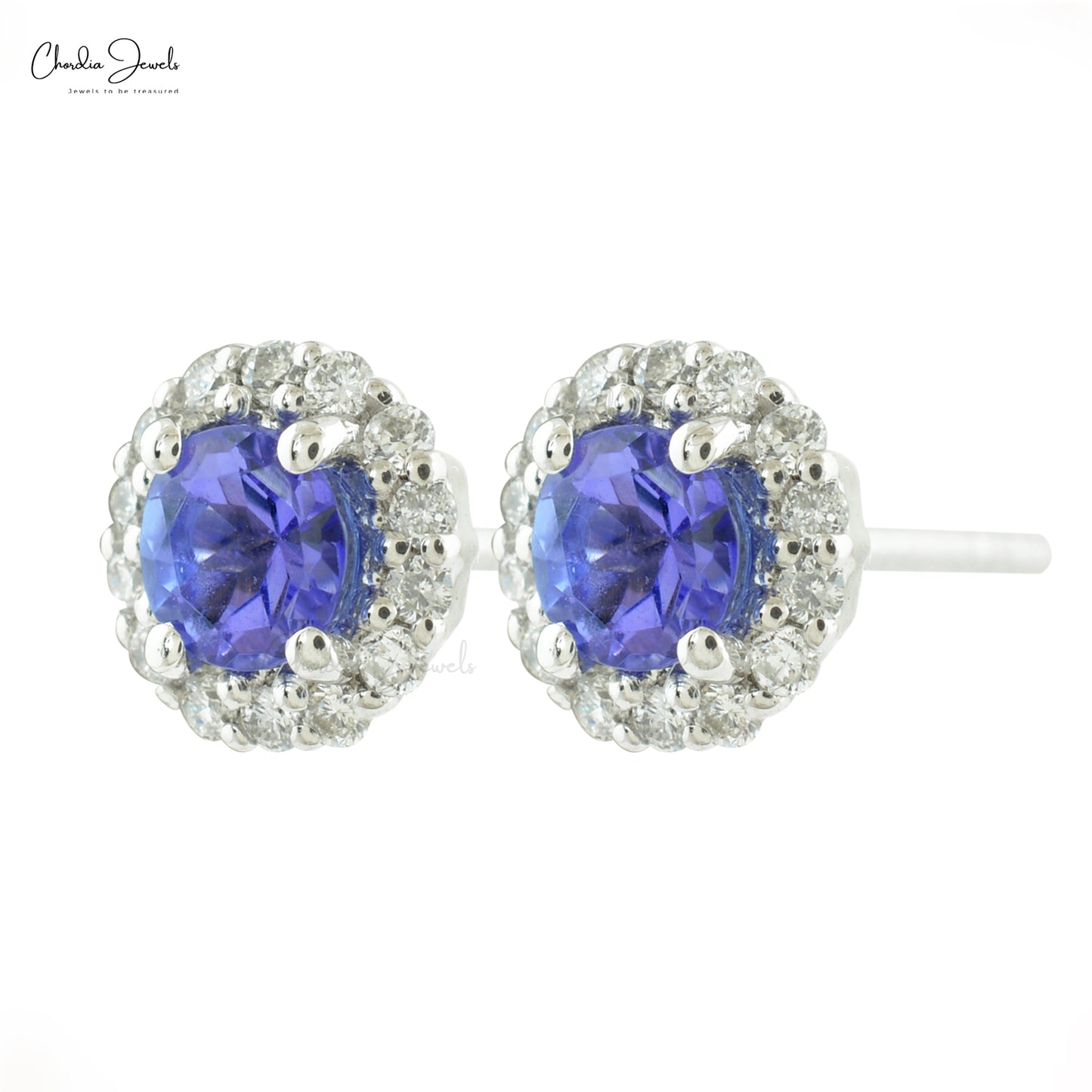 Genuine Tanzanite and Diamond Halo Studs 14k White Gold Women Earrings For Birthday Gift