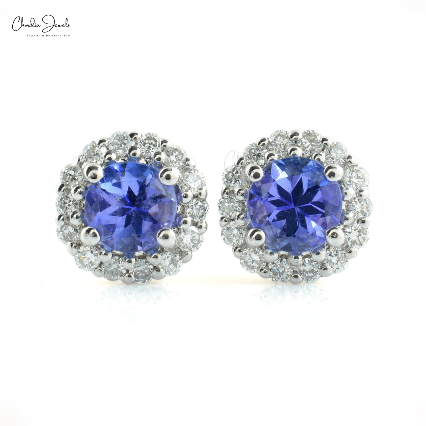 Genuine Tanzanite and Diamond Halo Studs 14k White Gold Women Earrings For Birthday Gift