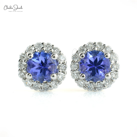 Genuine Tanzanite and Diamond Halo Studs 14k White Gold Women Earrings For Birthday Gift