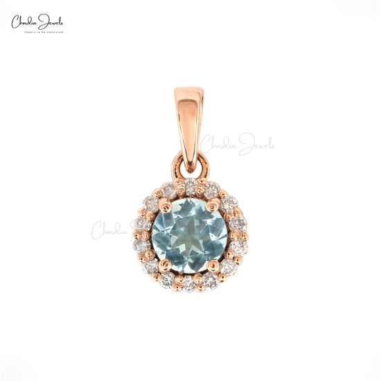 Genuine Aquamarine Halo Pendant  14k Real Rose Gold Hallmarked Pendant 1mm Round Cut Diamond Grace Jewelry For Wedding Gift