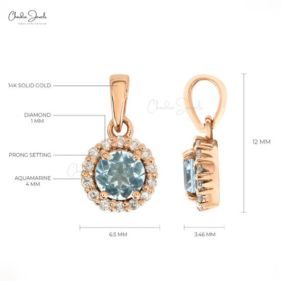 Genuine Aquamarine Halo Pendant  14k Real Rose Gold Hallmarked Pendant 1mm Round Cut Diamond Grace Jewelry For Wedding Gift