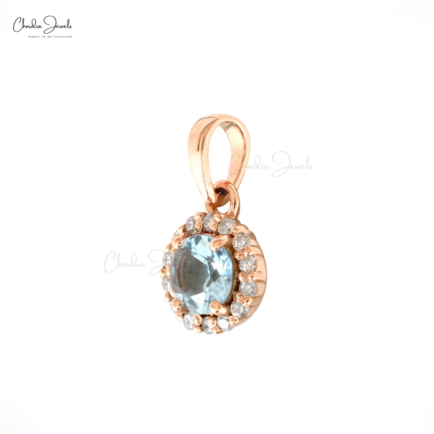 Solid 14k Rose Gold Dangle Pendant in 4mm Round Aquamarine And Diamond Halo Pendant