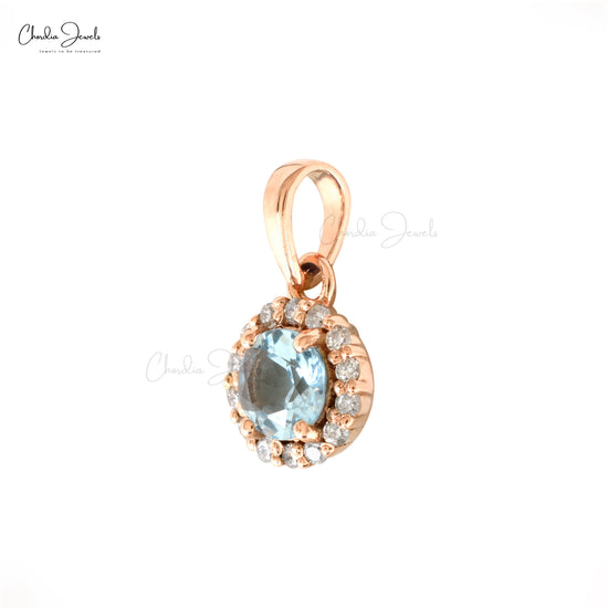 Genuine Aquamarine Halo Pendant  14k Real Rose Gold Hallmarked Pendant 1mm Round Cut Diamond Grace Jewelry For Wedding Gift