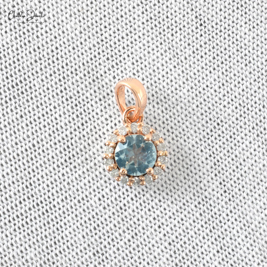 Genuine Aquamarine Halo Pendant  14k Real Rose Gold Hallmarked Pendant 1mm Round Cut Diamond Grace Jewelry For Wedding Gift