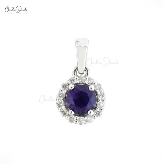 Solid 14k White Gold Charm With 4mm Brilliant Cut Amethyst And Diamond Halo Pendant