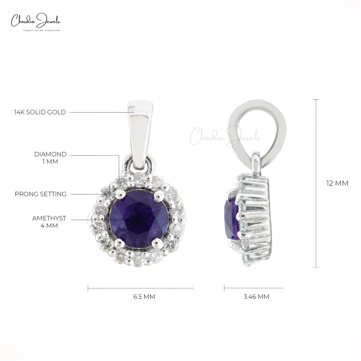 Solid 14k White Gold Charm With 4mm Brilliant Cut Amethyst And Diamond Halo Pendant