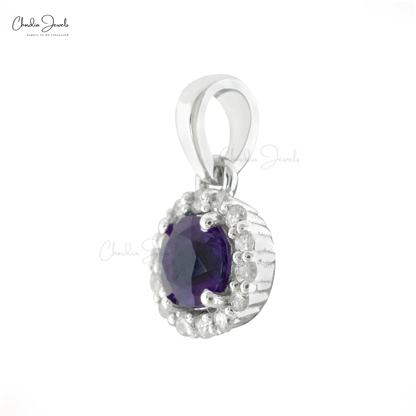 Solid 14k White Gold Charm With 4mm Brilliant Cut Amethyst And Diamond Halo Pendant