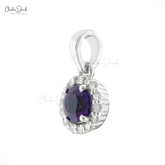 Solid 14k White Gold Charm With 4mm Brilliant Cut Amethyst And Diamond Halo Pendant