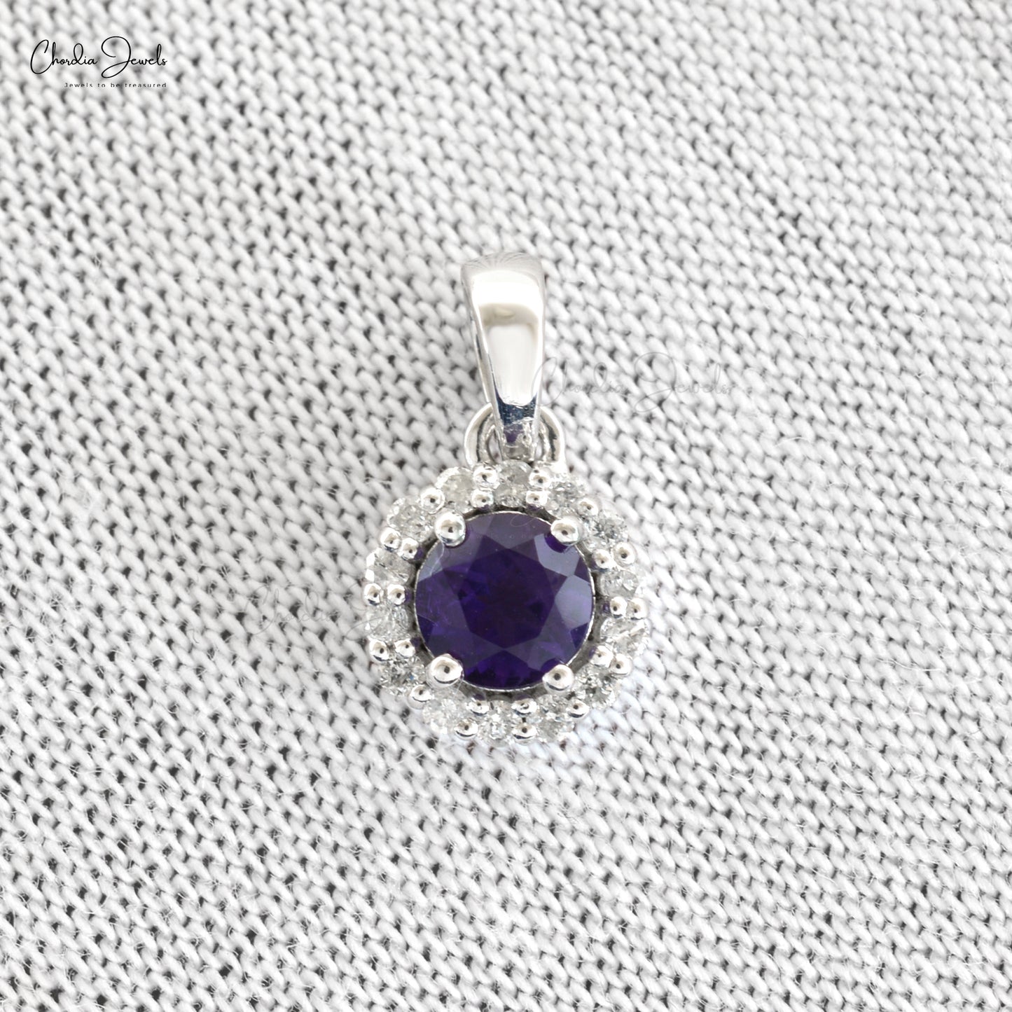 Solid 14k White Gold Charm With 4mm Brilliant Cut Amethyst And Diamond Halo Pendant