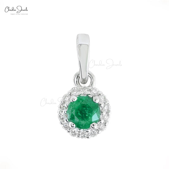 Halo Pendant With Natural Emerald & White Diamond 14k White Gold Prong Set Pendant For Her