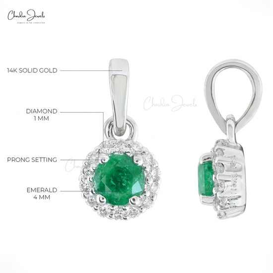 Authentic Emerald Diamond Halo Pendant Solid 14k White Gold 0.23ct Gemstone Pendant For Her