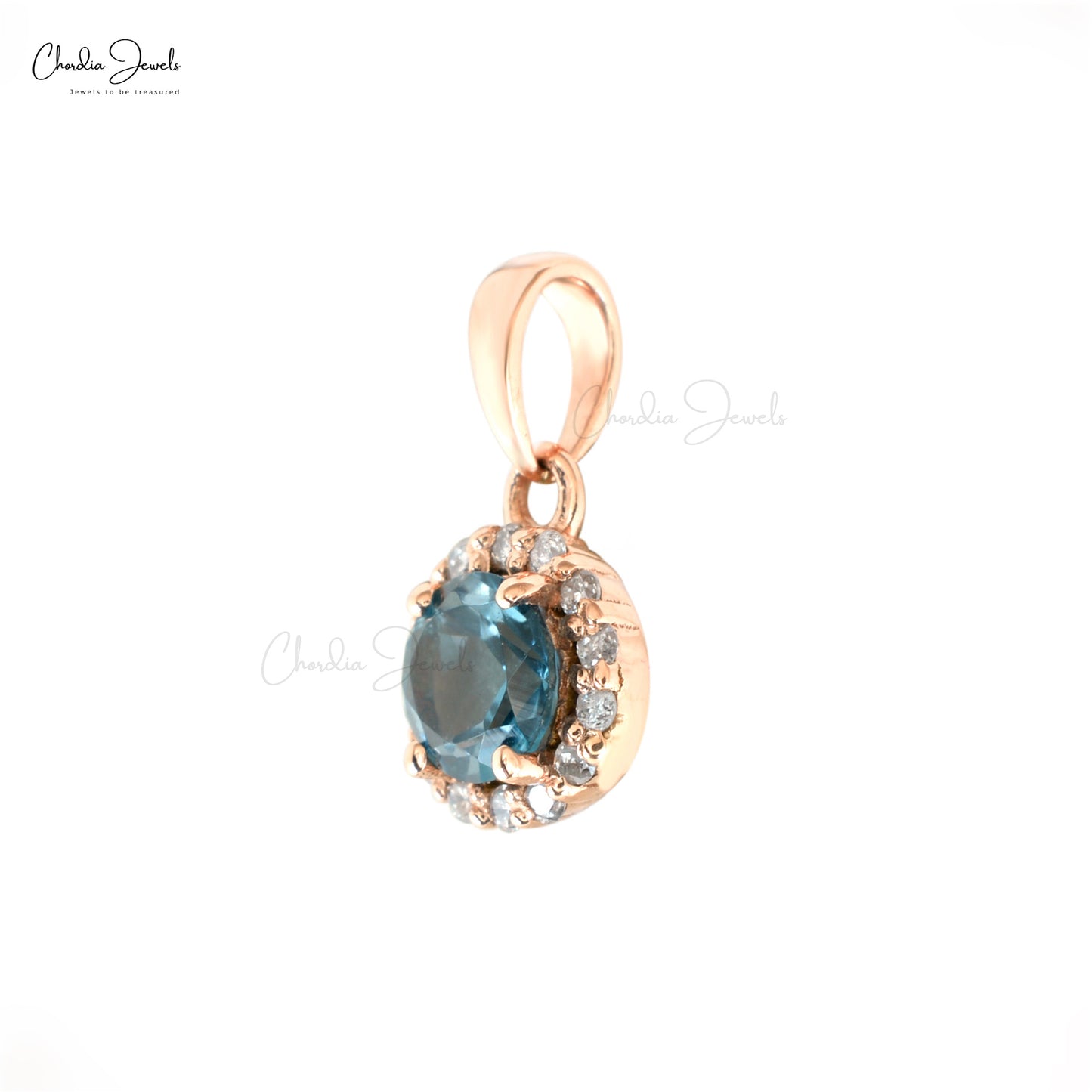 Natural London Blue Topaz 0.27 Ct Gemstone and Halo Diamond 14k Rose Gold Women Pendant