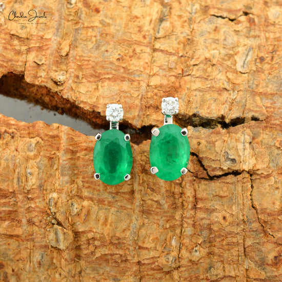 Buy Real Emerald Diamond Earrings in 14k White Gold May Birthstone