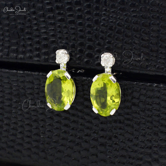 Oval Cut 7x5mm Natural Peridot Diamond Accented Studs Earrings 14k Solid White Gold Earrings For Her