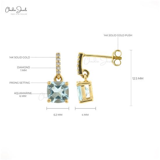 Natural Aquamarine Dangling Earrings 6mm Cushion Cut Gemstone Earrings 14k Solid Yellow Gold Earrings For Women's