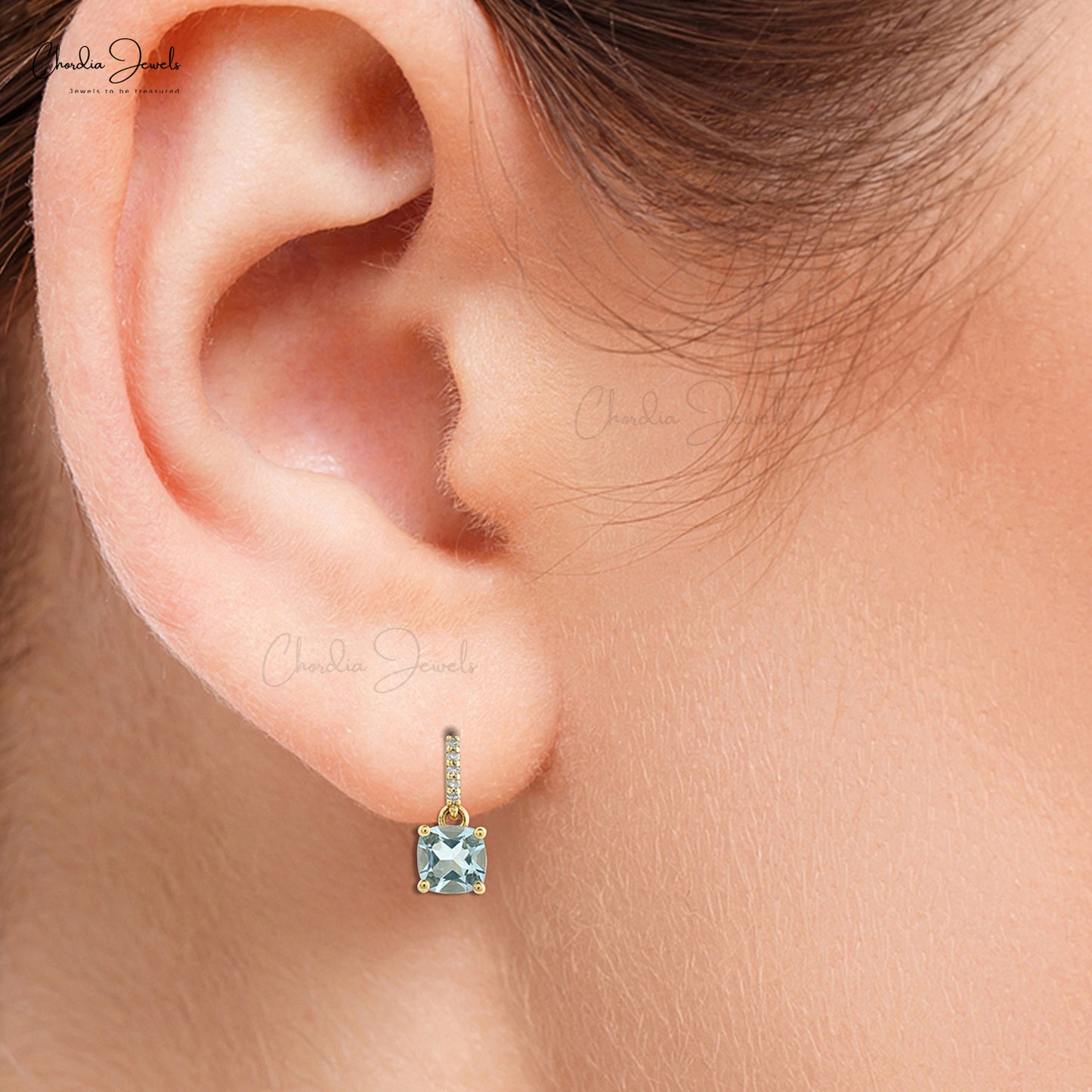 Natural Aquamarine Dangling Earrings 6mm Cushion Cut Gemstone Earrings 14k Solid Yellow Gold Earrings For Women's