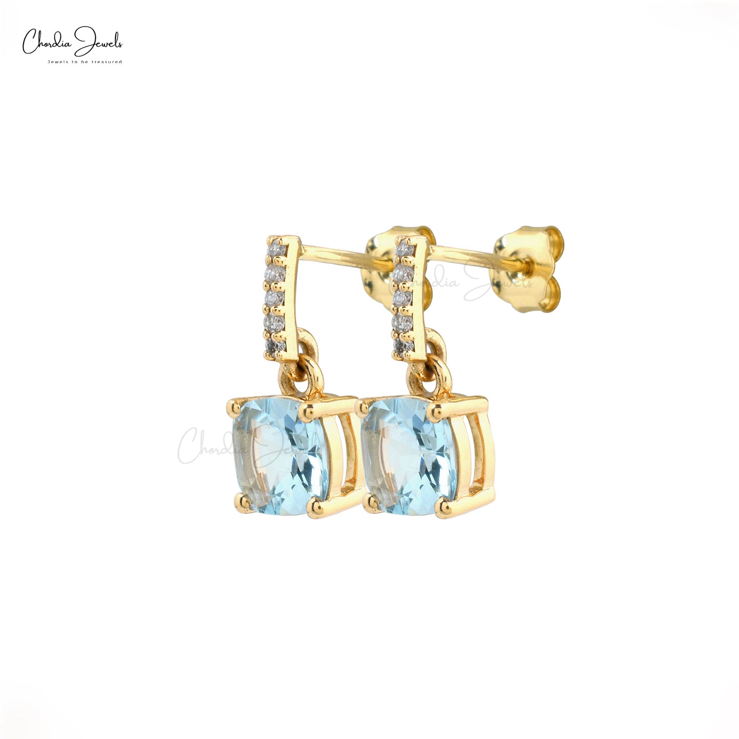 Natural Aquamarine Dangling Earrings 6mm Cushion Cut Gemstone Earrings 14k Solid Yellow Gold Earrings For Women's