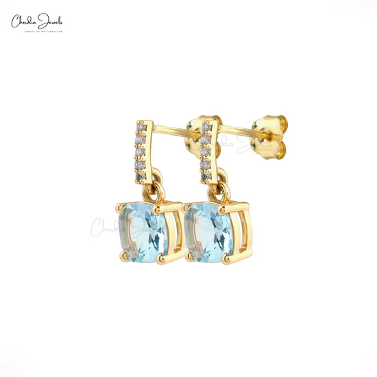 Natural Aquamarine Dangling Earrings 6mm Cushion Cut Gemstone Earrings 14k Solid Yellow Gold Earrings For Women's