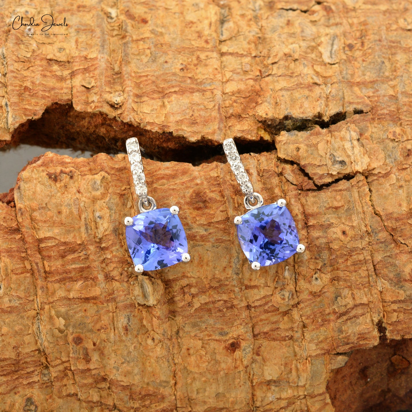 Natural Tanzanite Gemstones Earrings with Accented Diamonds in 14k White Gold