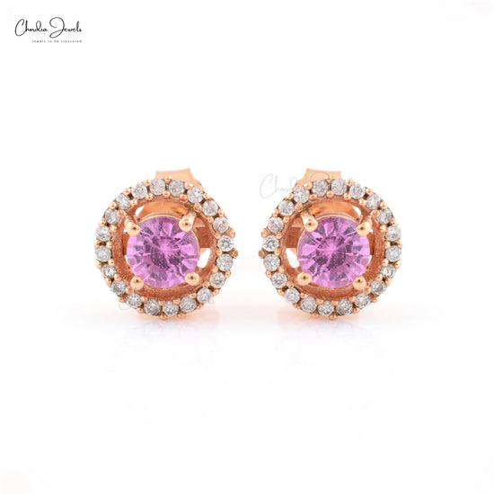 September Birthstone Natural Pink Sapphire Halo Earrings 4mm Round Cut Gemstone Prong Set Earrings 14k Solid Rose Gold Diamond Earrings For Anniversary Gift