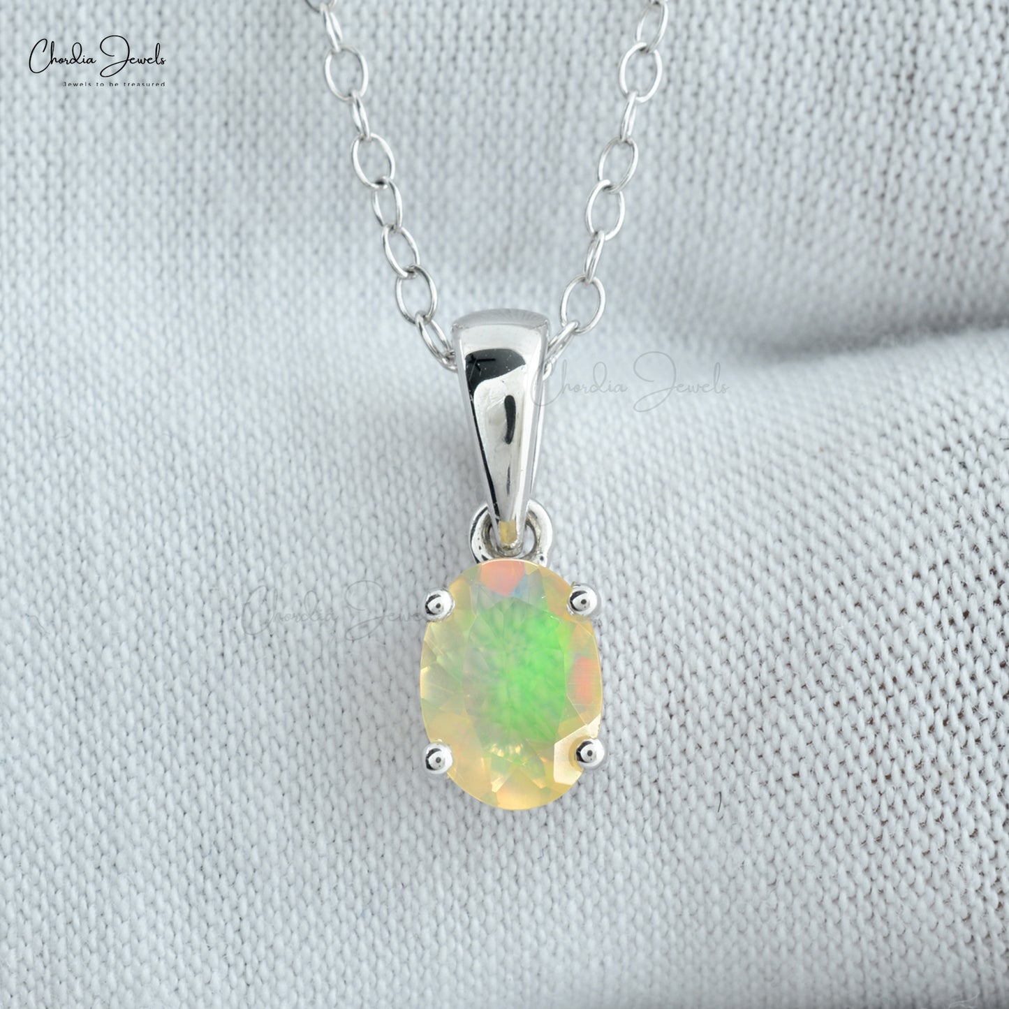 Natural Ethiopian Opal Pendant 14k Real White Gold Art Deco Pendant 7x5mm Oval Cut Gemstone Minimalistic Jewelry For Fiance Gift