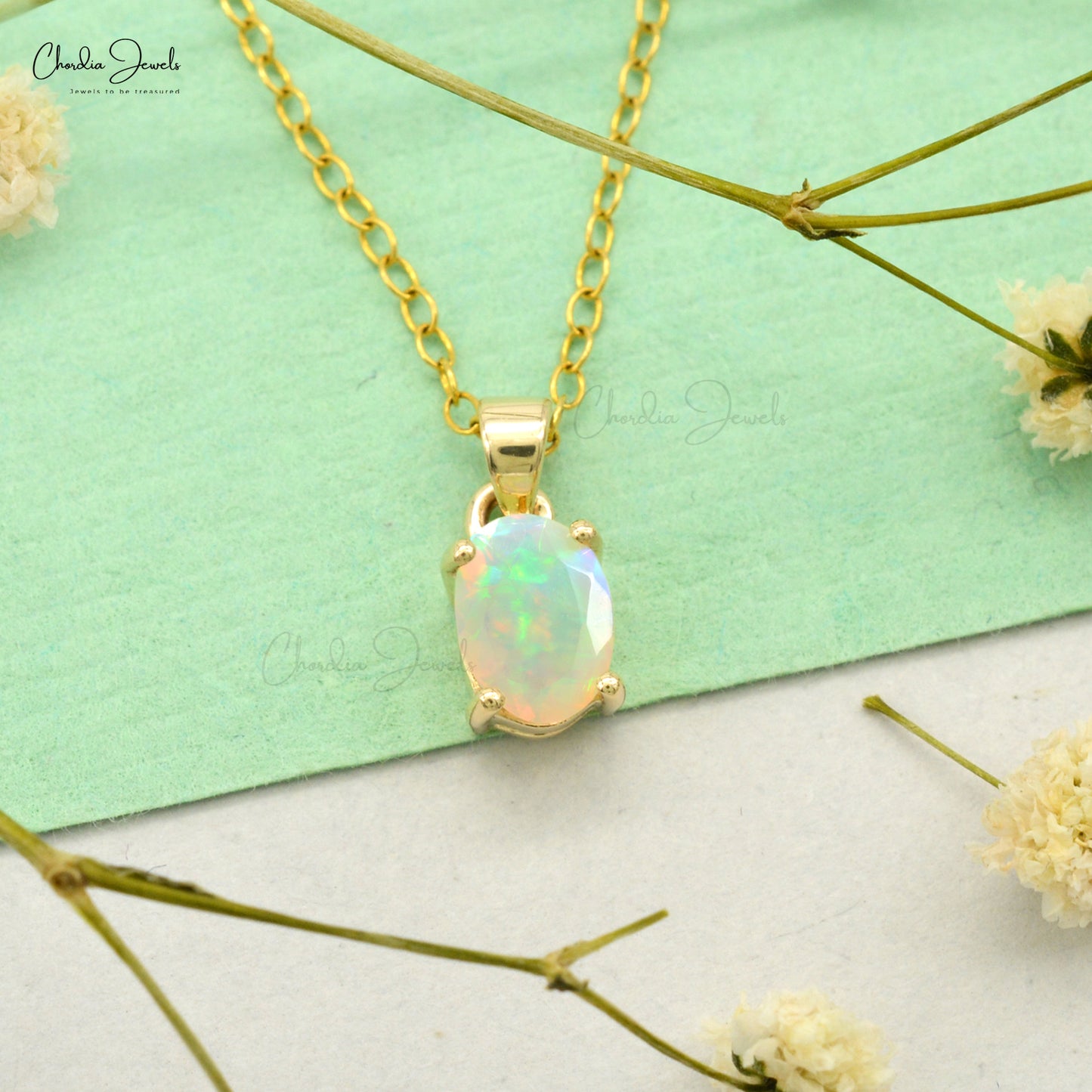 Exquisite Opal Gemstone Dainty Pendant in 14k Solid Yellow Gold