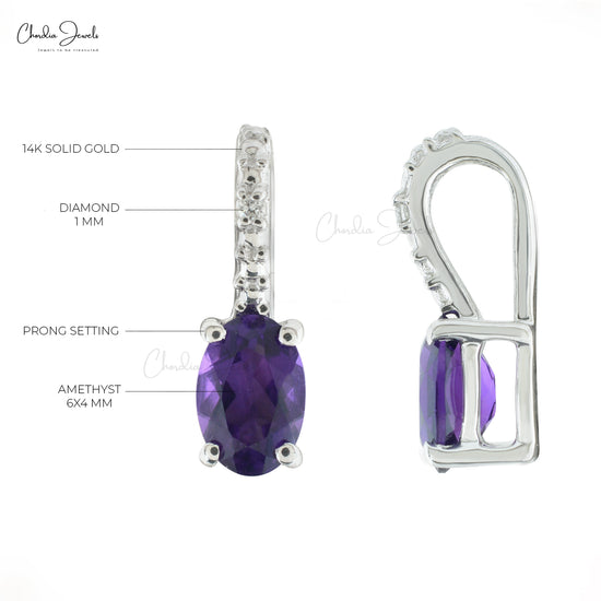 Purple Amethyst Hidden Bail Locket Pendant 14k Real White Gold Diamond Pave Set Pendant 6x4mm Oval Cut Natural Gemstone Fine Jewelry