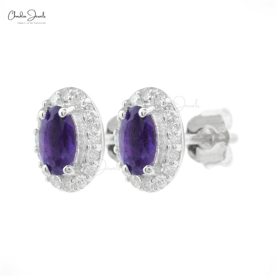 Load image into Gallery viewer, Natural Amethyst stud in 14k White Gold diamond halo earrings
