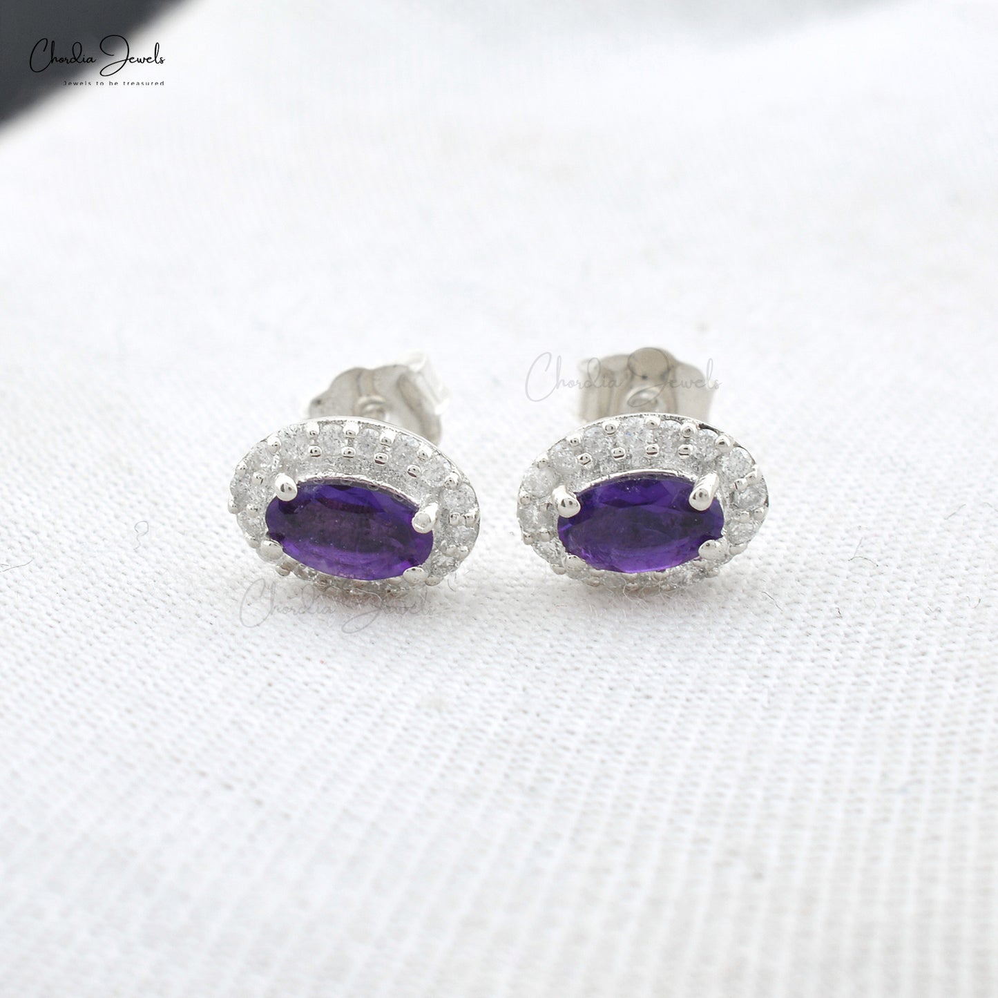 Real 14k White Gold Diamond Halo Wedding Earrings, 5x3mm Oval Cut 4-Prong Set Genuine Amethyst Earrings, 0.44 Ct February Birthstone Purple Gemstone Fine Jewelry